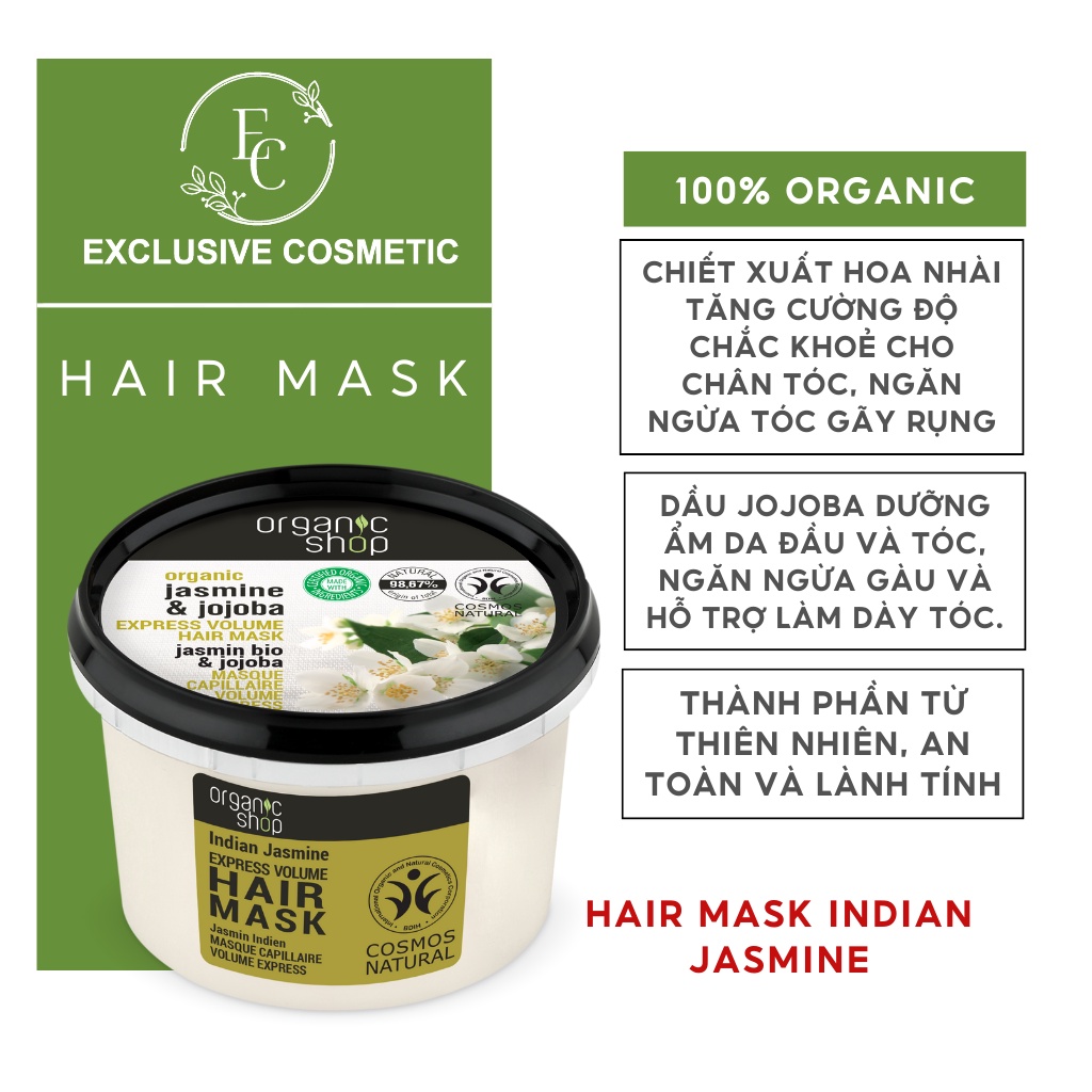 Kem ủ tóc Organic Shop Hair Mask Indian Jasmine 250ml chiết suất hoa Lài Ấn Độ phục hồi tóc hư tổn
