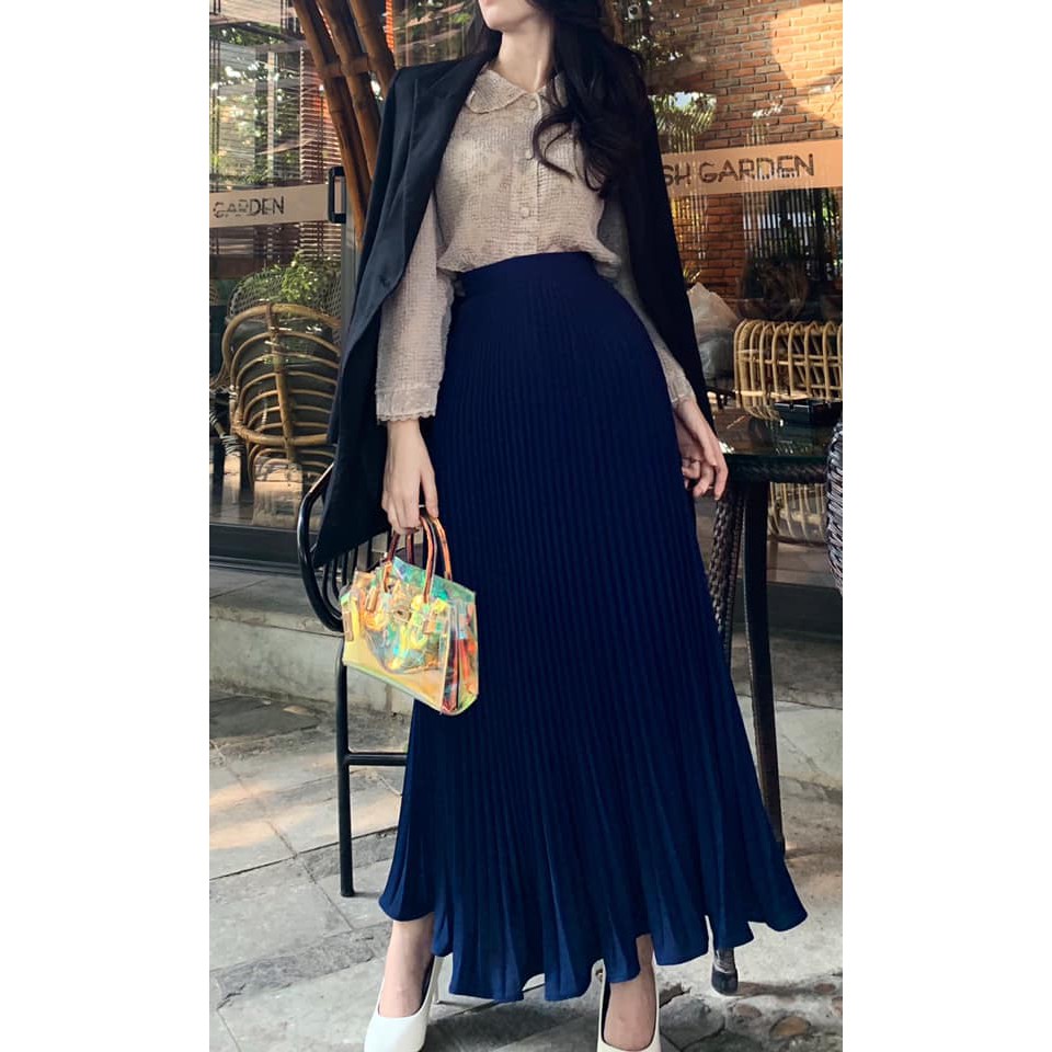 Chân váy xếp ly Olioli Fashion (Vải voan cát, màu xanh navy, ) | BigBuy360 - bigbuy360.vn