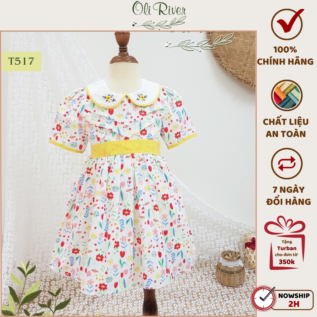 Váy hoa cổ thêu tay bồng công chúa chất liệu thô dành cho bé yêu từ 1 - 10 tuổi - T517