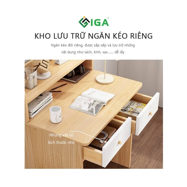 Bàn học, bàn làm việc máy tính có kệ sách và 2 ngăn kéo để đồ chính hãng IGA- GP178.31/ GP179.03