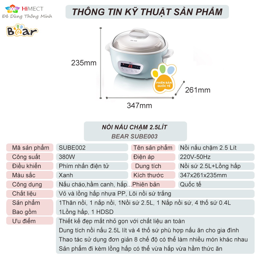 Nồi Nấu Cháo Cho Bé, Nồi Nấu Chậm Bear 2.5L Ninh Hầm Cách Thủy Đa Năng Cao Cấp Sube003-Himect