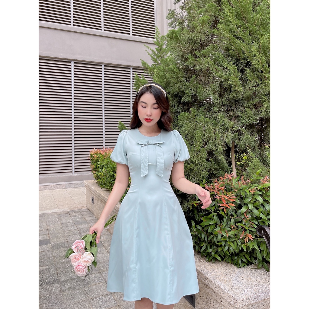 Đầm xòe Lomena dress C559 Tay bồng cổ tròn đính nơ trẻ trung Cin House