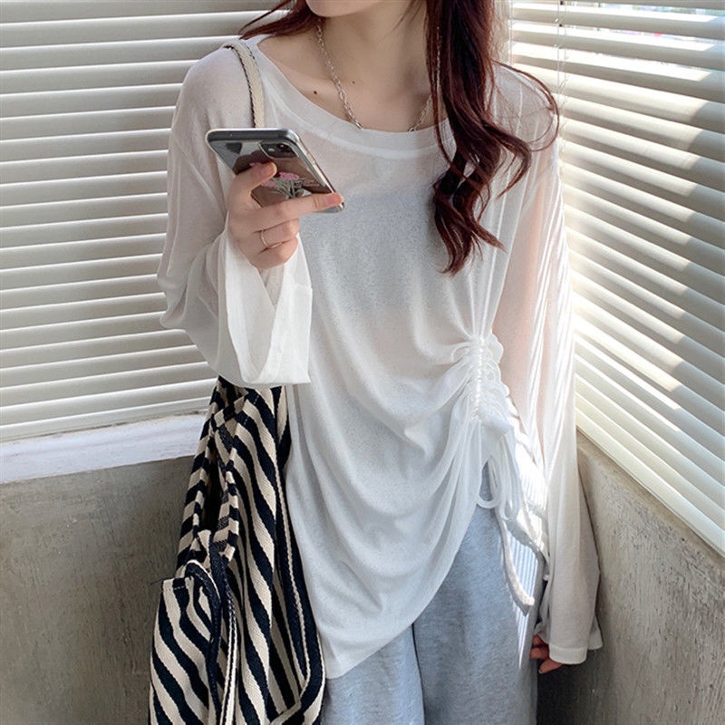 Áo Thun Tay Dài Dáng Rộng Phối Dây Rút Thời Trang Mùa Hè Cá Tính Cho Nữ
