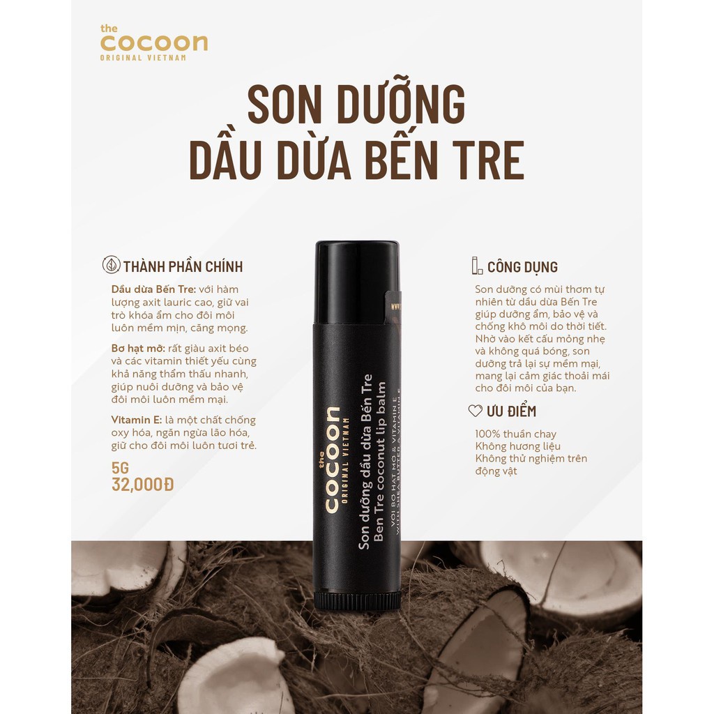 Son dưỡng môi dầu dừa bến tre Cocoon Coconut Lip Balm 5g