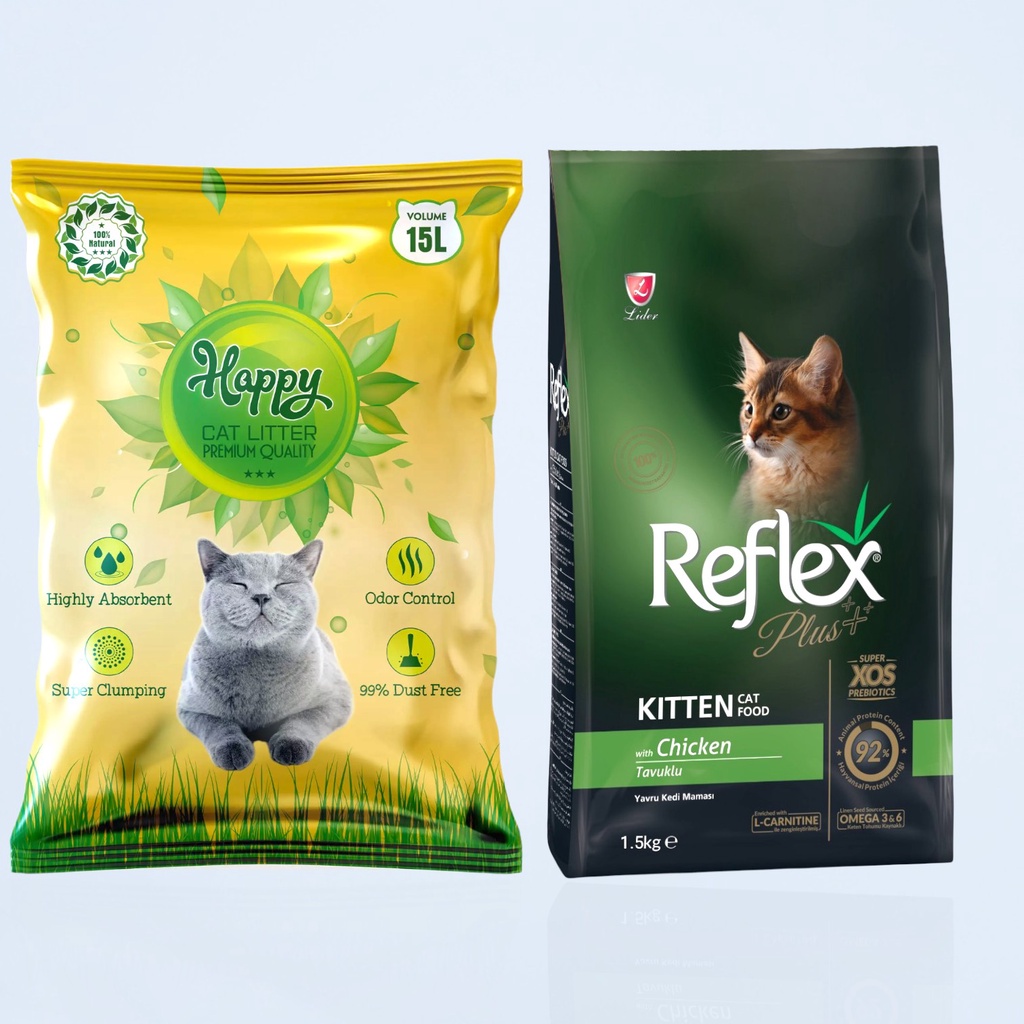 Combo Thức ăn mèo Reflex plus Kitten 1,5kg vị gà và cát Happy kháng khuẩn 15L