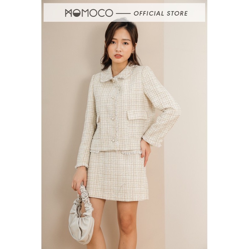 Set Dạ Tweed Be Cao Cấp MOMOCO Cổ Sen Tròn, Túi Có Nắp - M2754