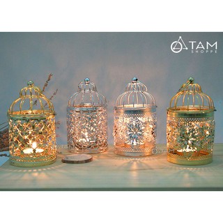 Chân nến lồng chim sắt cổ điển mini ánh kim vàng số 17 TTTM