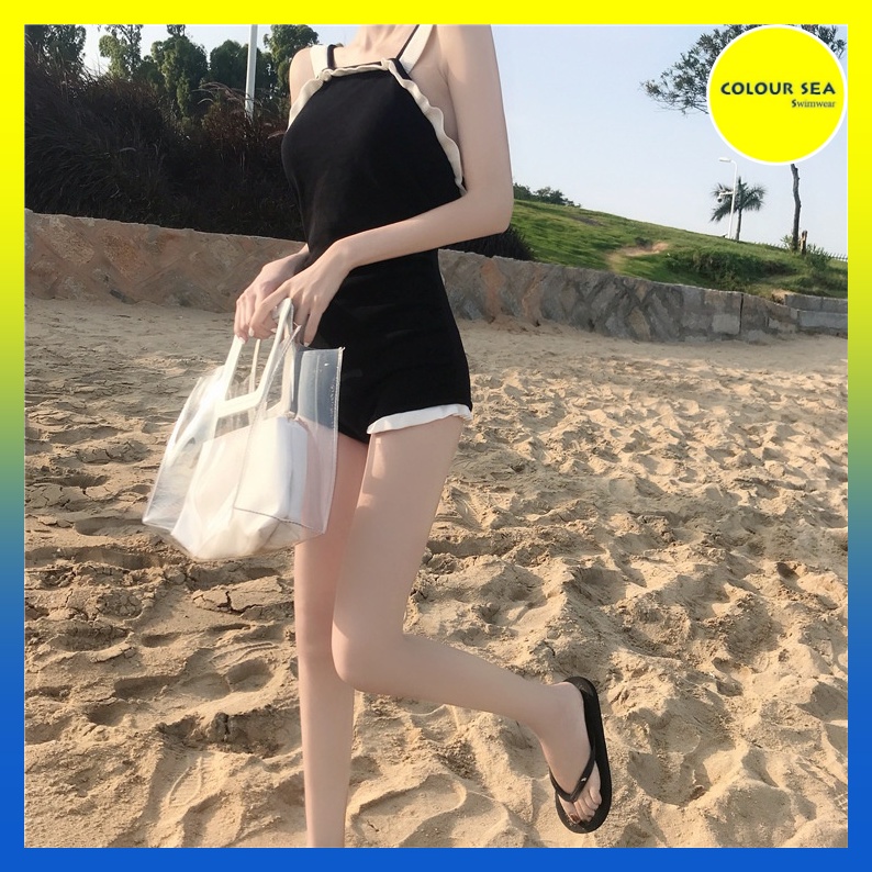 Bikini 1 mảnh liền thân viền trắng kem xếp ly cách điệu | BigBuy360 - bigbuy360.vn