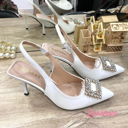 Giày cao gót mũi nhọn sandal hoa đá vuông chất liệu si PU mịn 3 màu đen trắng kem Mã BN02 Link Shoes