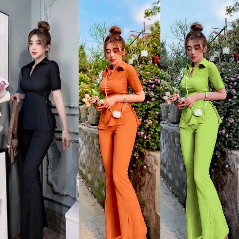 Hàng Xịn Set gân polo quần ống loe áo xẻ hông Hình thật 11123