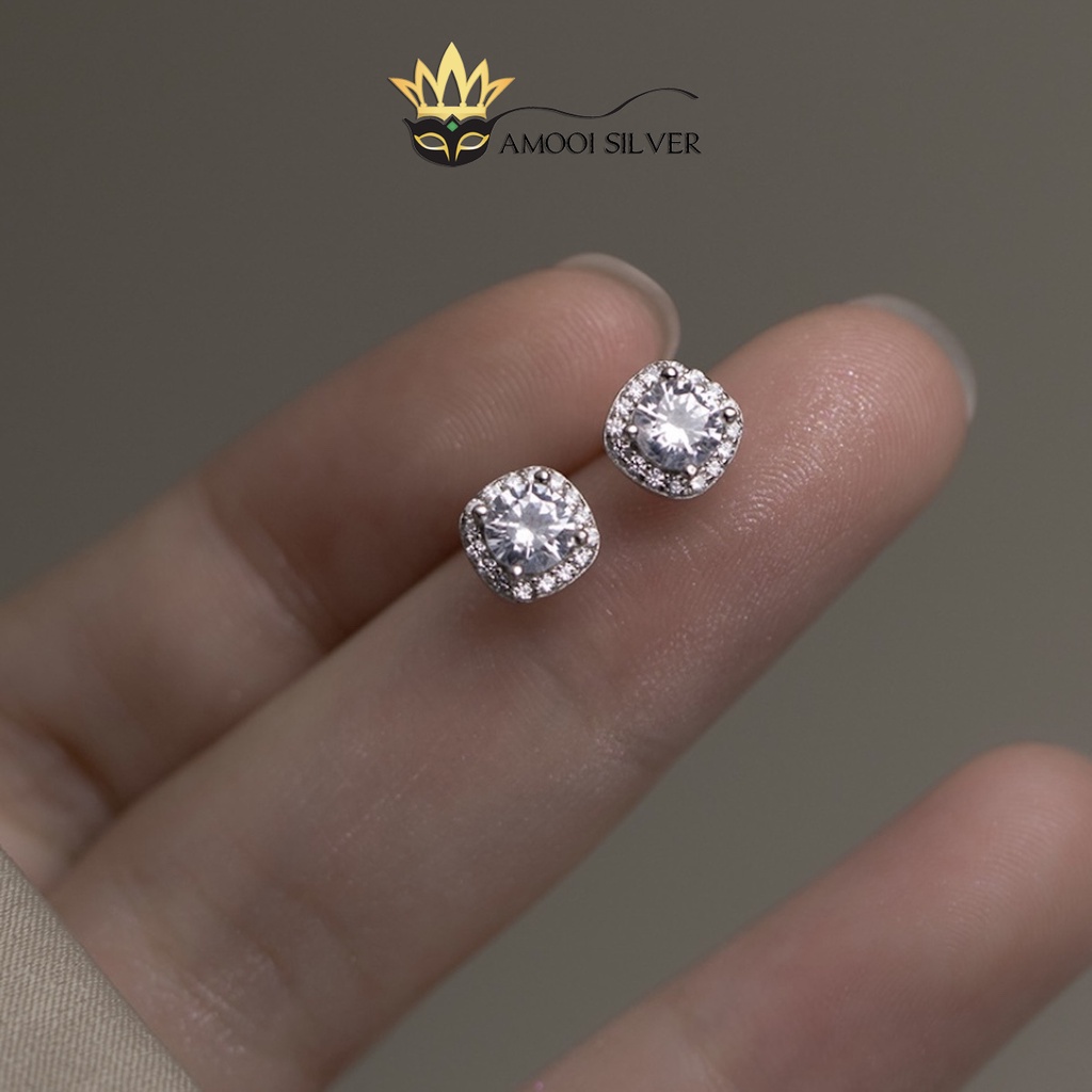 Bông tai bạc S925 halo vuông nhí - Amooi Silver AB228