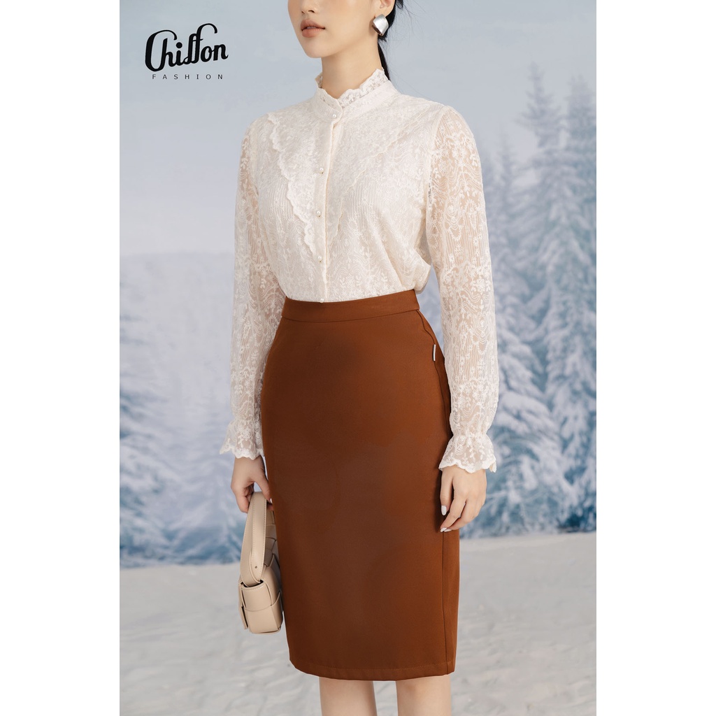 Áo sơ mi ren tay lỡ họa tiết cổ bèo thiết kế by Chiffon