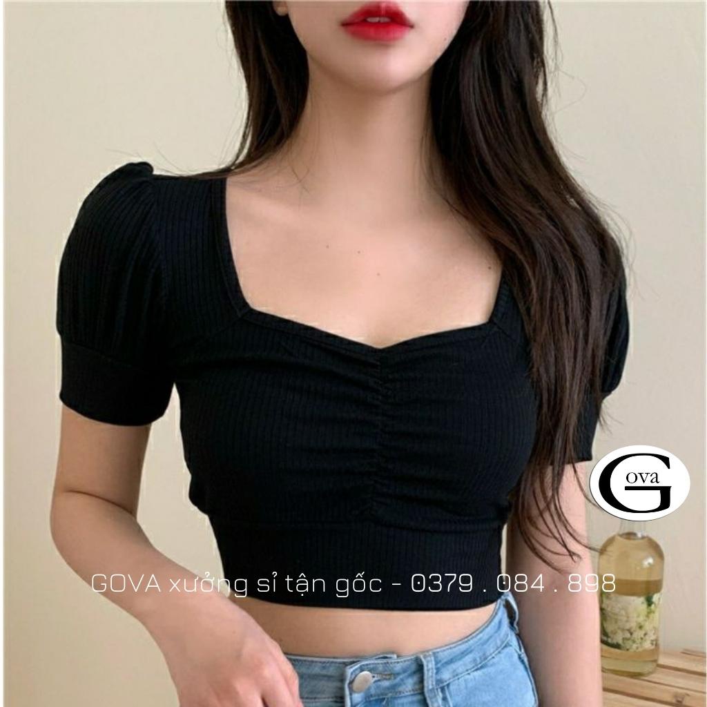Áo Croptop Tay Phồng Ngắn Cổ Vuông Nhún Ngực Siêu Xinh Satiny DB63