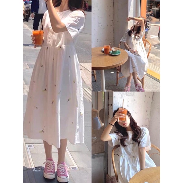 VÁY BABYDOLL HOA TAY NGẮN Nữ [ FREESHIP] 🌸 Đầm Tay Ngắn Dáng Dài Form Rộng Thêu Họa Tiết Hoa 🌸 | BigBuy360 - bigbuy360.vn