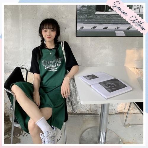 Váy thun nữ dáng suông cổ tròn ulzzang đầm xuông nữ form rộng tay lỡ phối màu thoáng mát năng động Saniee Clother