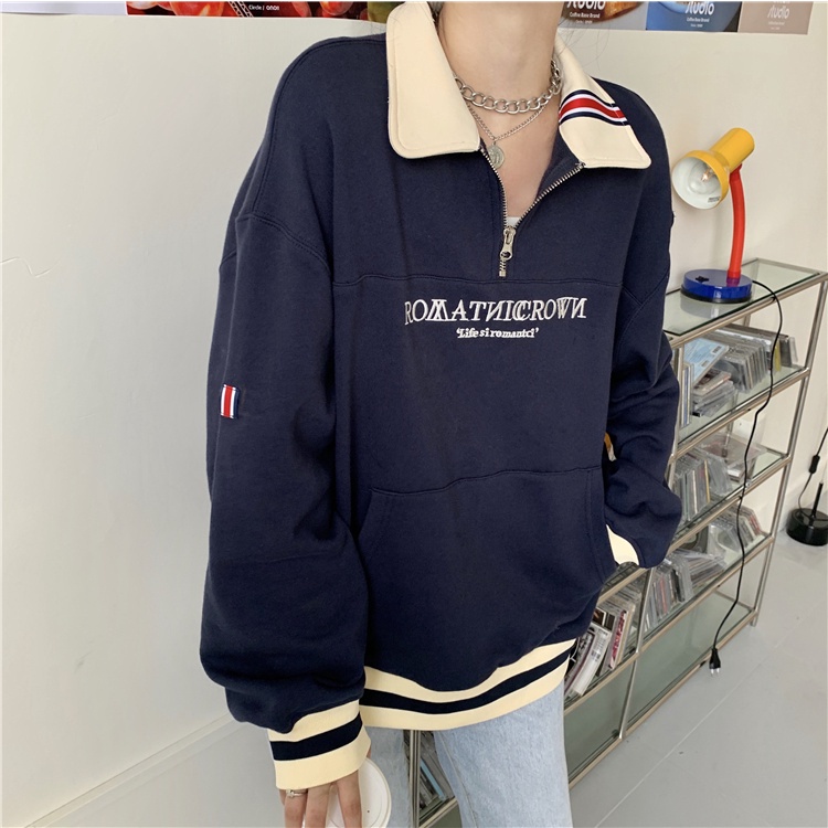 Áo sweater cổ polo thêu chữ thời trang xuân thu cho nữ