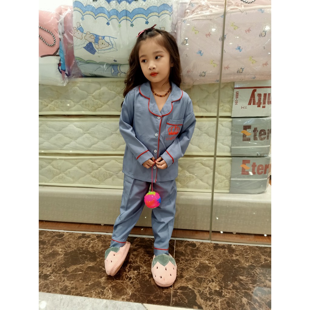 đồ bộ pijama mặc nhà bé gái phi lụa mờ dài tay in vương miện xinh xắn từ 14 đến 40kg 0205