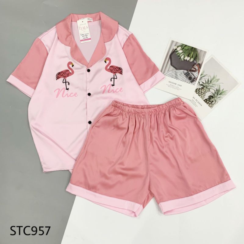 Bộ Pijama mẫu đùi hạc lụa latin phối hàn loại 1 cao cấp, mềm mịn, thoáng mát,chuẩn đường kim mũi chỉ