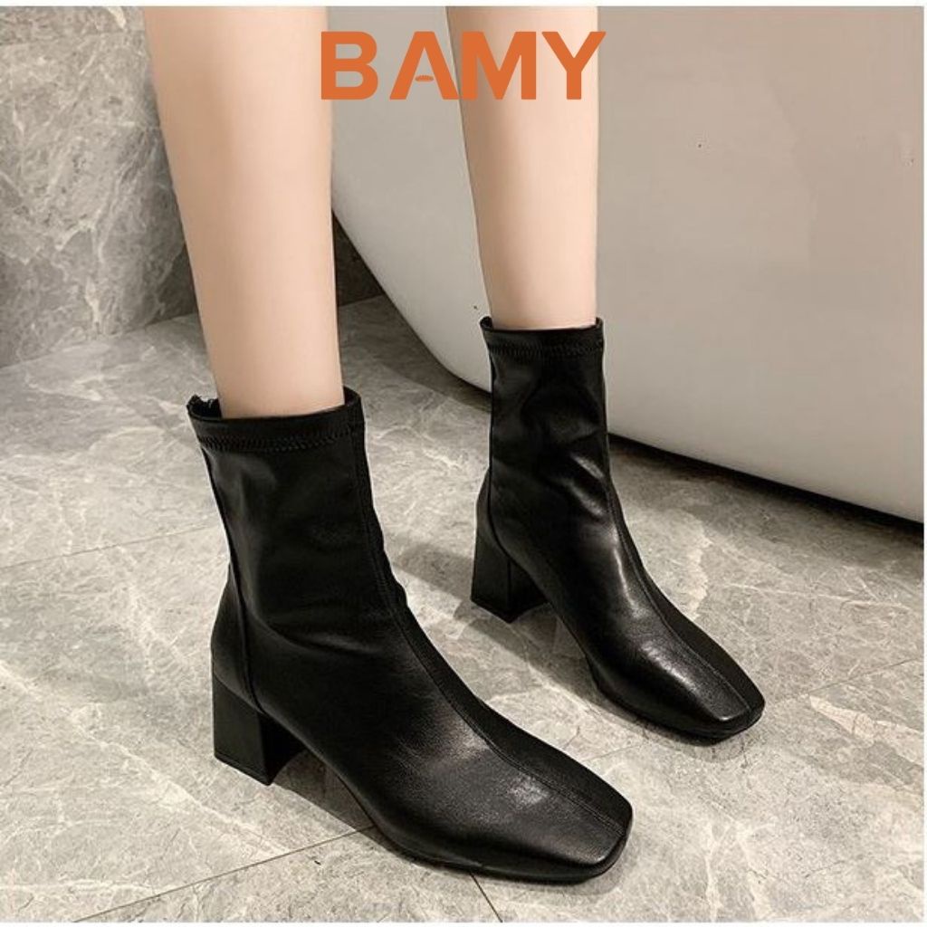 Bốt nữ da mềm Gân Chéo cổ cao khóa sau BAMY, giày boots ulzzang mũi vuông gót trụ 6 phân B01 | BigBuy360 - bigbuy360.vn