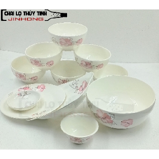 BỘ BÁT ĂN CƠM 11 MÓN IN HÌNH HOA  LÁ HỒNG MS05
