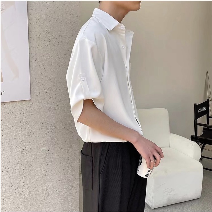 Áo Sơ Mi Tay Ngắn Màu Trơn Đơn Giản Thời Trang Phong Cách Hàn Quốc Cho Nam
