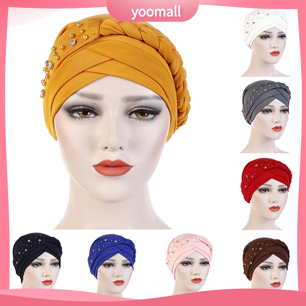 Mũ trùm đầu đính hạt màu trơn phong cách Hồi giáo cho nữ