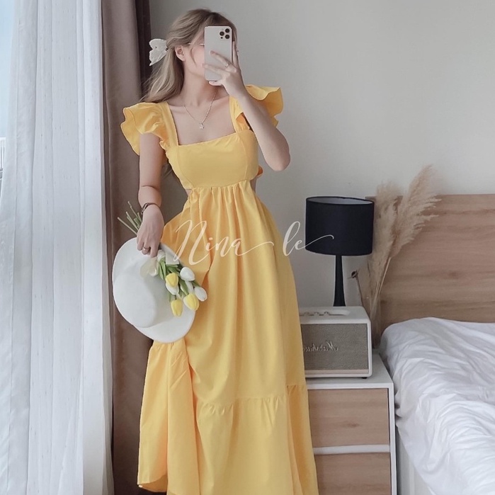 Đầm maxi dáng xòe LINH RUBI STORE đi biển, dự tiệc tay cánh tiên, hở eo, thắt nơ lưng chất thô V138
