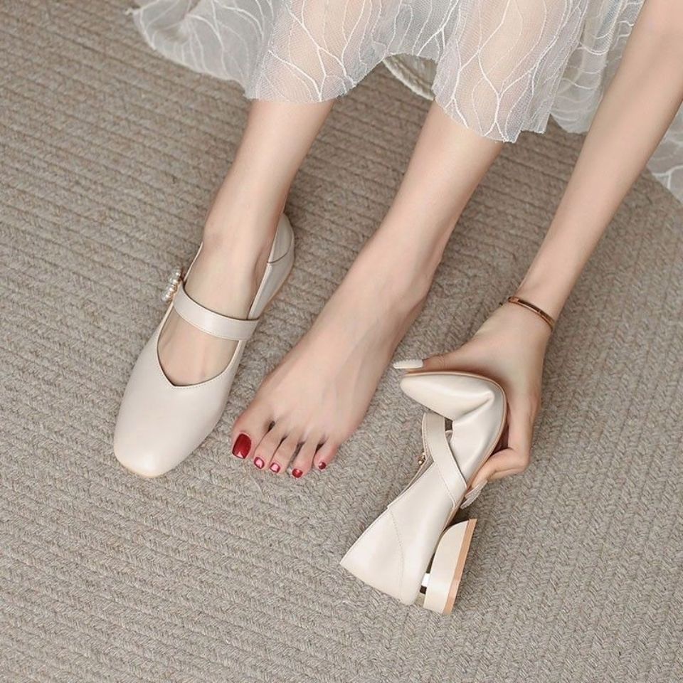 Giày sandal IELGY Mary Jane bằng da mềm mũi vuông gót thấp thời trang cho nữ
