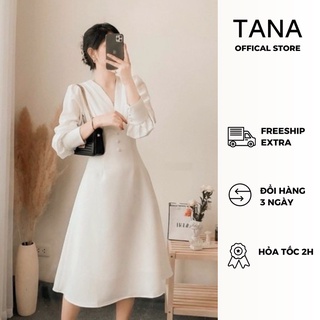 Đầm dự tiệc TANA D0509 đầm tay dài phối nút sang chảnh phù hợp mặc đi tiệc, đi chơi váy trắng