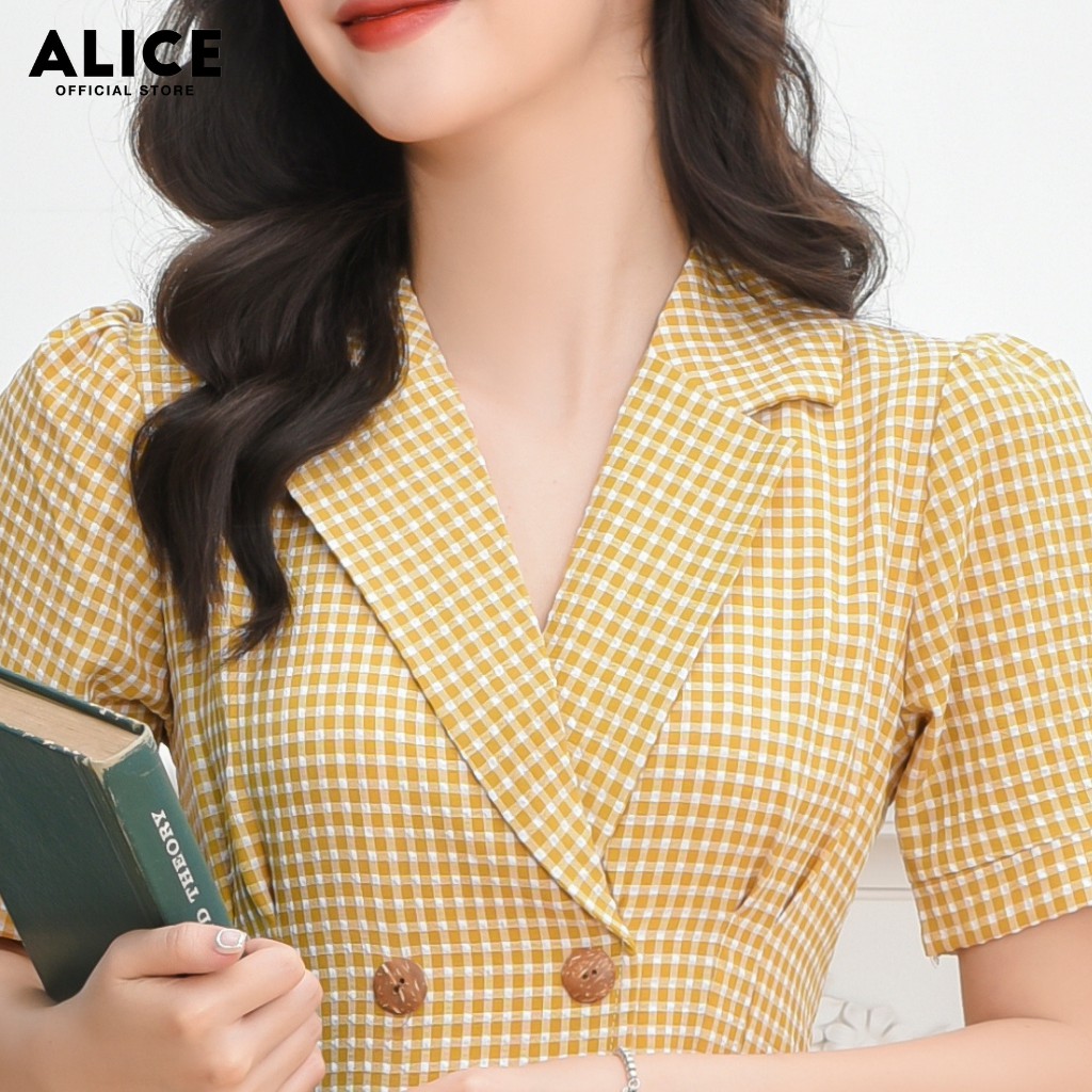 Đầm Thiết Kế Nữ Công Sở ALICE Dáng Dài Xòe Xếp Ly Tay Bồng Cổ Vest Họa Tiết Kẻ Thanh Lịch V667 | BigBuy360 - bigbuy360.vn