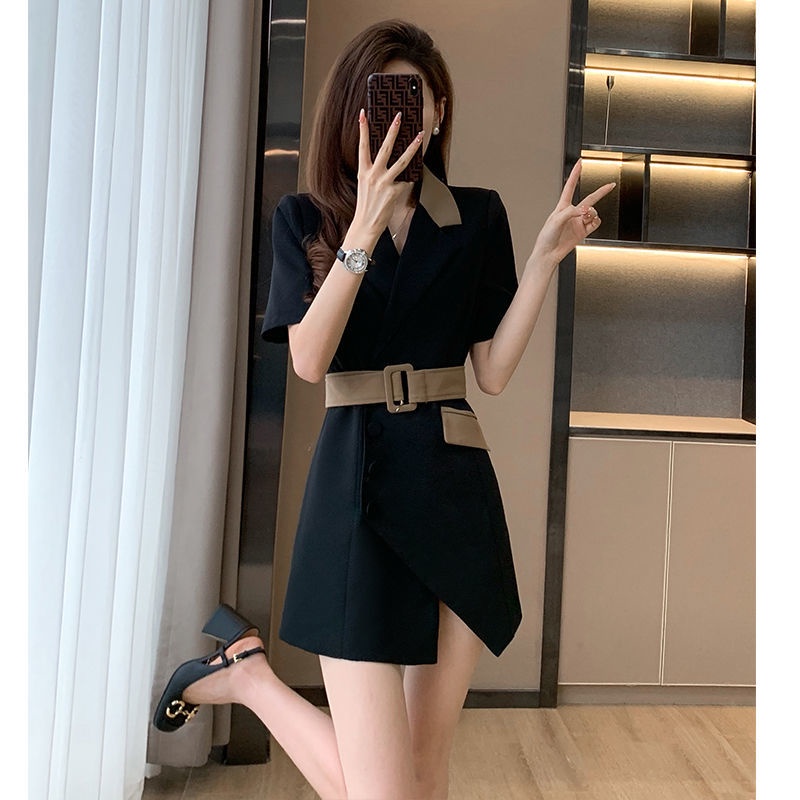 2022 summer new women's French style dress women's summer senior designer single-breasted suit dress
