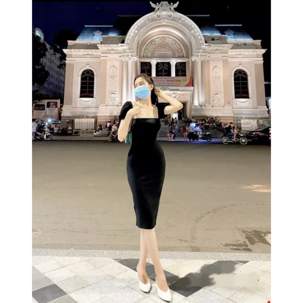 Đầm body tay phồng Cổ vuông