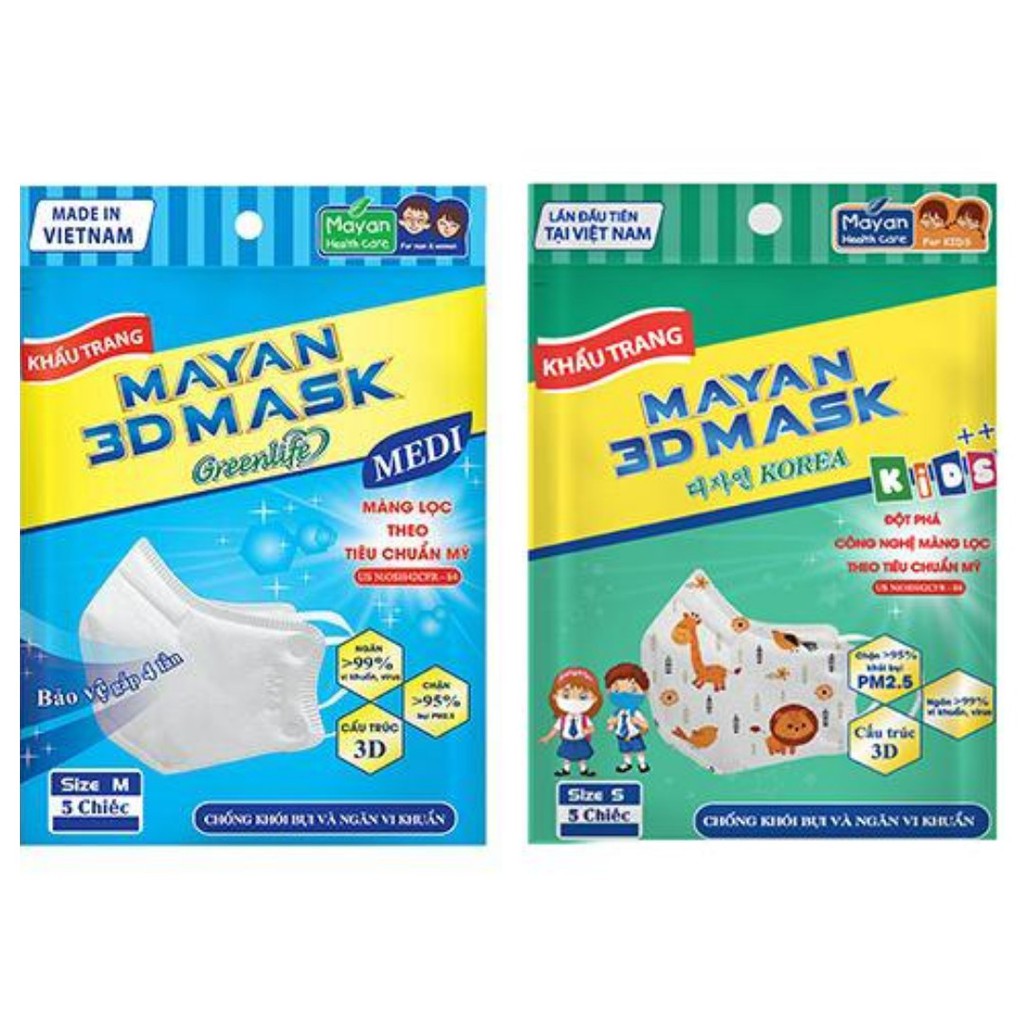 Khẩu Trang Mayan PM 2.5 3D Mask Medi Giúp Kháng Khuẩn, Màng Lọc N95 Gói 5 Cái (Giao Màu Ngẫu Nhiên)