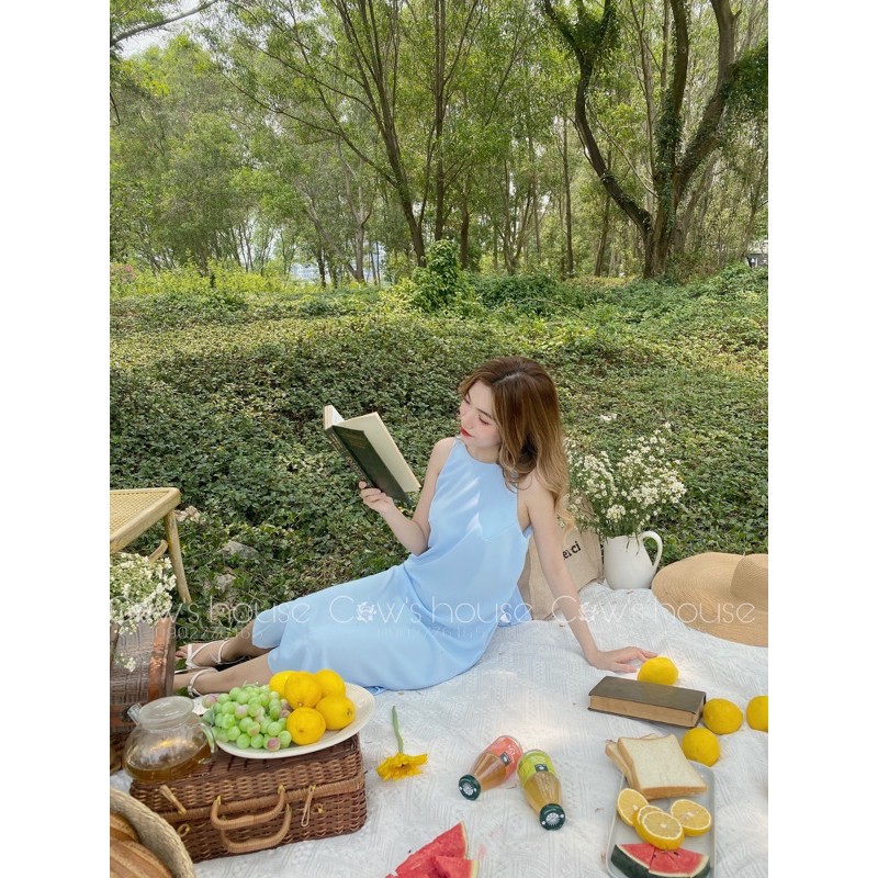 Đầm midi xanh cột nơ lưng