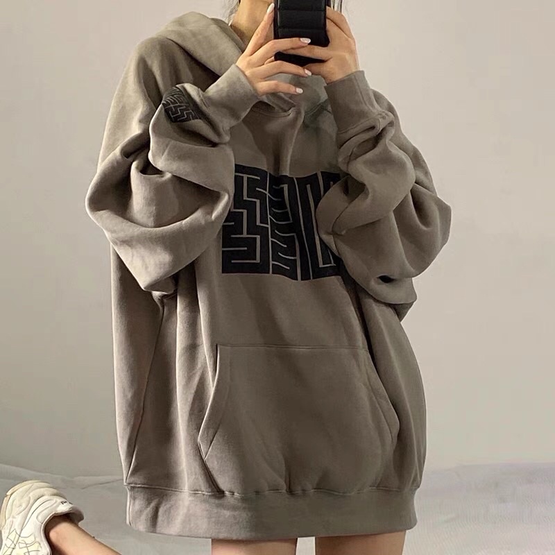 Hoodie Nam Nữ Unisex Đồ Đôi Màu Nâu Xám Be Hoạ Tiết Mê Cung Phom Rộng Dài Tay Có Mũ Phong Cách Ulzzang