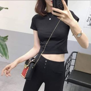 Áo crop top thun gân ngắn tay trơn basic _KA