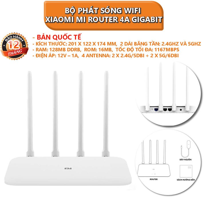 Bộ Phát Sóng Wifi Xiaomi Mi Router 4A Gigabit 128MB DDRB, tốc độ tối đa 1167Mbps - Bảo hành 12 tháng