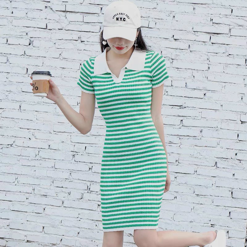 Đầm cổ bẻ V cổ ôm body phối màu sọc ngang cực xinh , chất thun gân mềm mịn mát mk