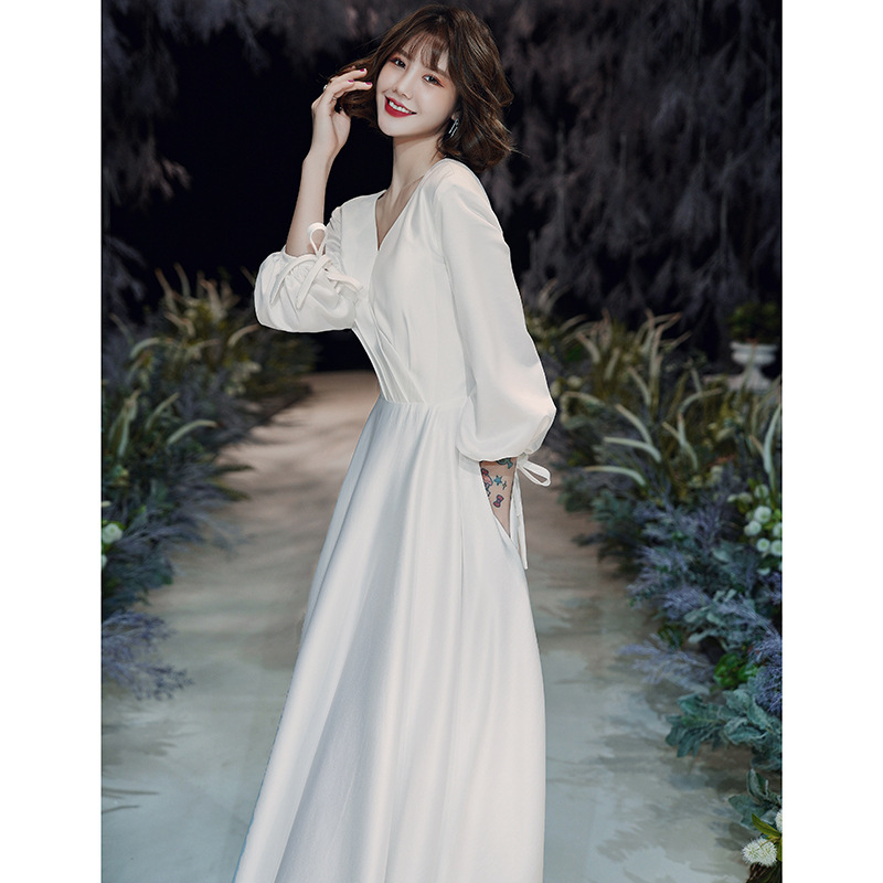 Satin wedding dress new white long sleeve host banquet simple evening dress female | BigBuy360 - bigbuy360.vn