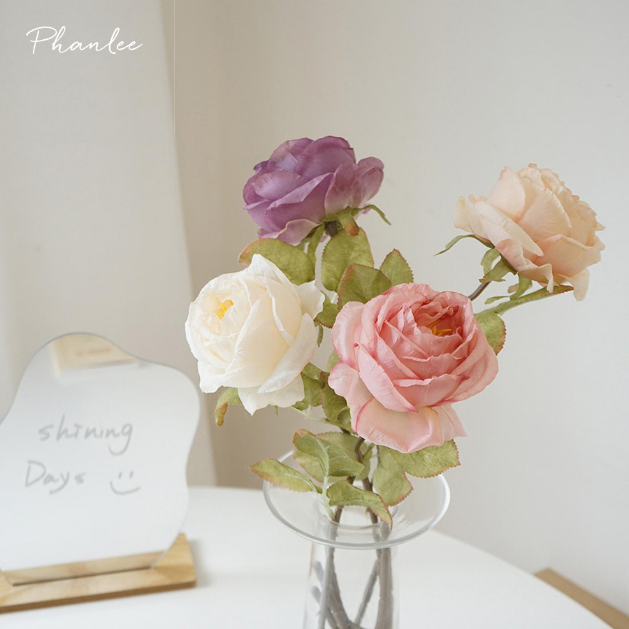 Hoa hồng trứng giả trang trí phòng để bàn Phanlee chất liệu lụa cao cấp giống thật 4 màu pastel Hàn Quốc