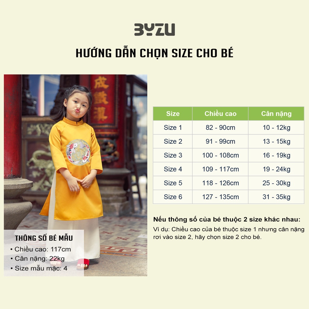 Set áo dài cho bé gái BYZU kiểu áo dài cách tân thêu cá, chất liệu tafta màu vàng óng cao cấp