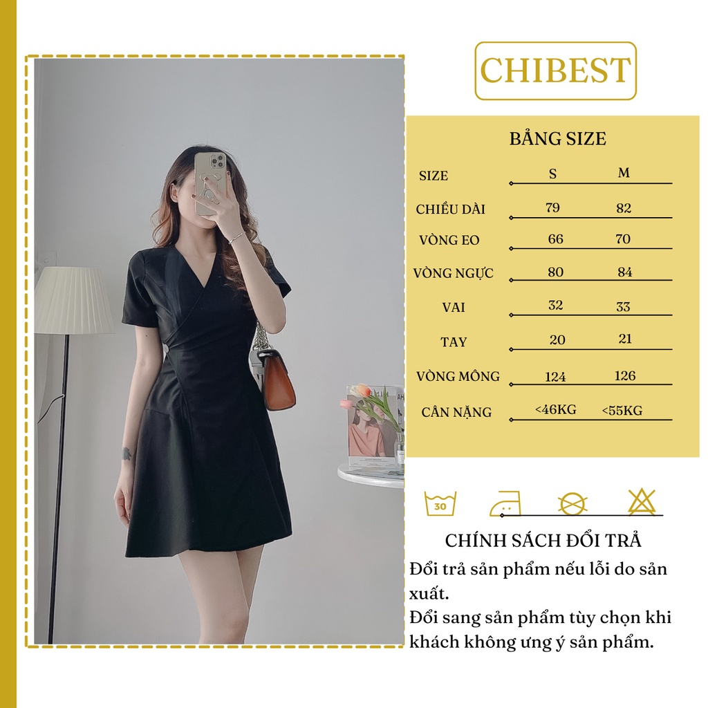 Đầm xòe ngắn cổ V vạc chéo nút eo chất liệu kaki  CHIBEST HDB87