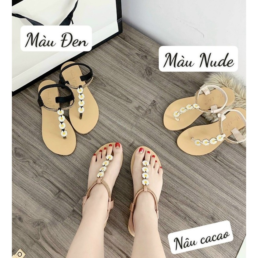 Dép nữ Sandal xỏ ngón đế mặt tẩy đính cúc họa mi siêu xinh