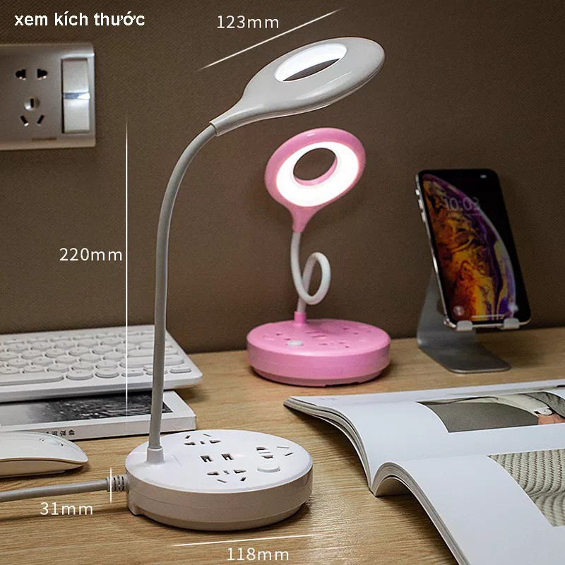 Đèn Bàn LED Cảm ứng, 2 USB sạc Điện thoại vào nhanh, 3 ổ cắm điện 2500W, Kèm giá đỡ điện thoại TS18
