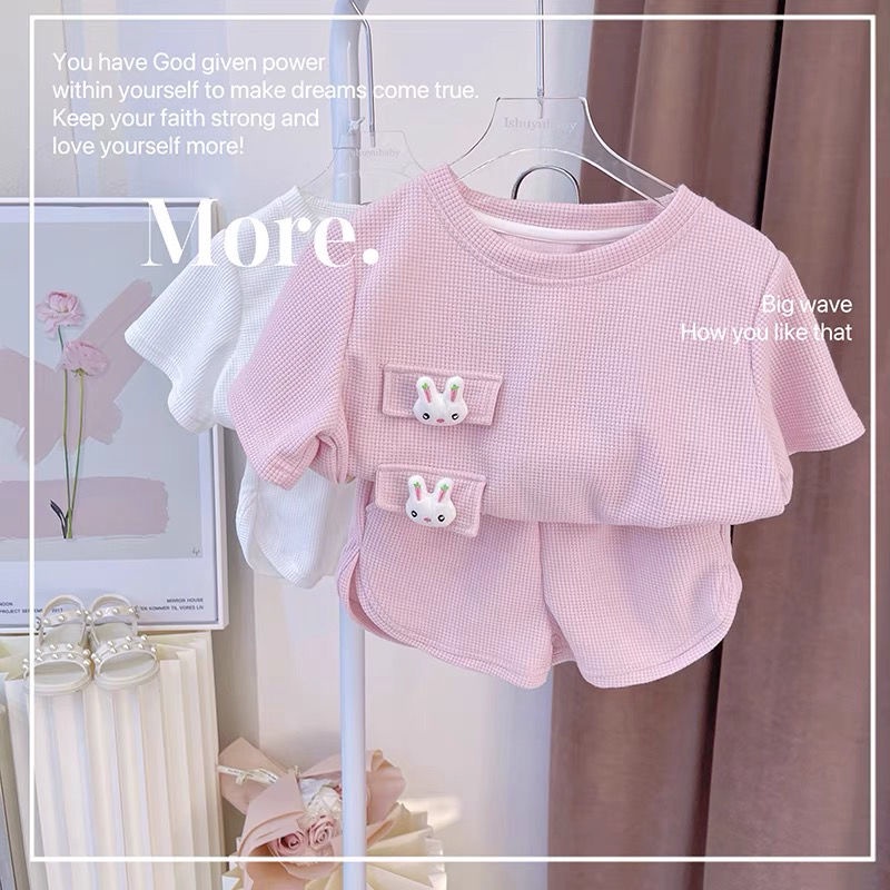 Set Đồ Mùa Hè 2 Món Tay Ngắn Màu Hồng Phong Cách Hàn Quốc Mới Cho Bé Gái 0-7 Tuổi