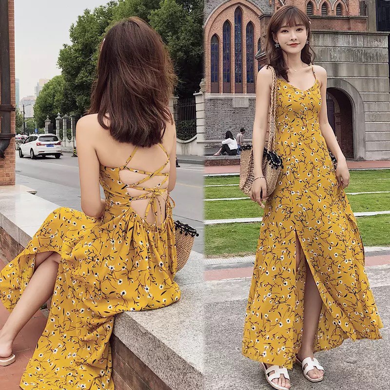 Váy maxi 2 dây, hở lưng dây đan chéo