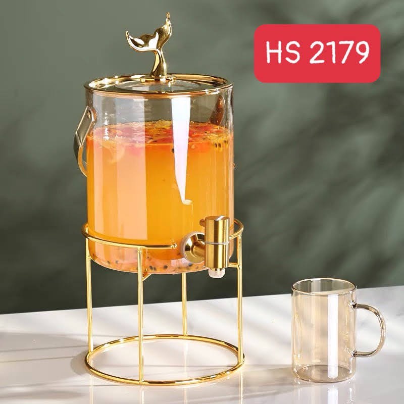 Bình thủy tinh đựng nước hoa quả, đựng rượu có vòi kèm kệ inox vàng sang trọng tinh tế HS2179