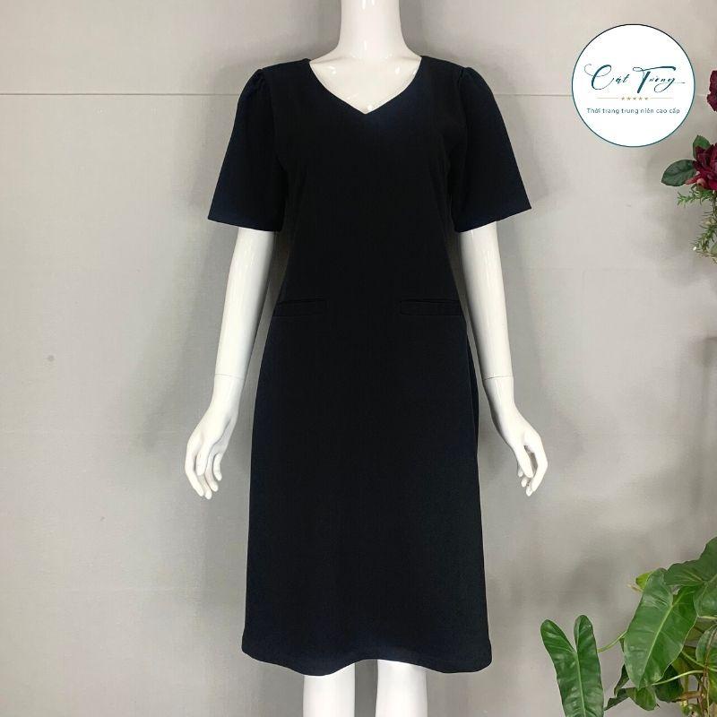 Đầm kiểu trung niên nữ thiết kế tặng mẹ màu đen sang trọng, co dãn thoải mái V55 - Thời trang Cát Tường