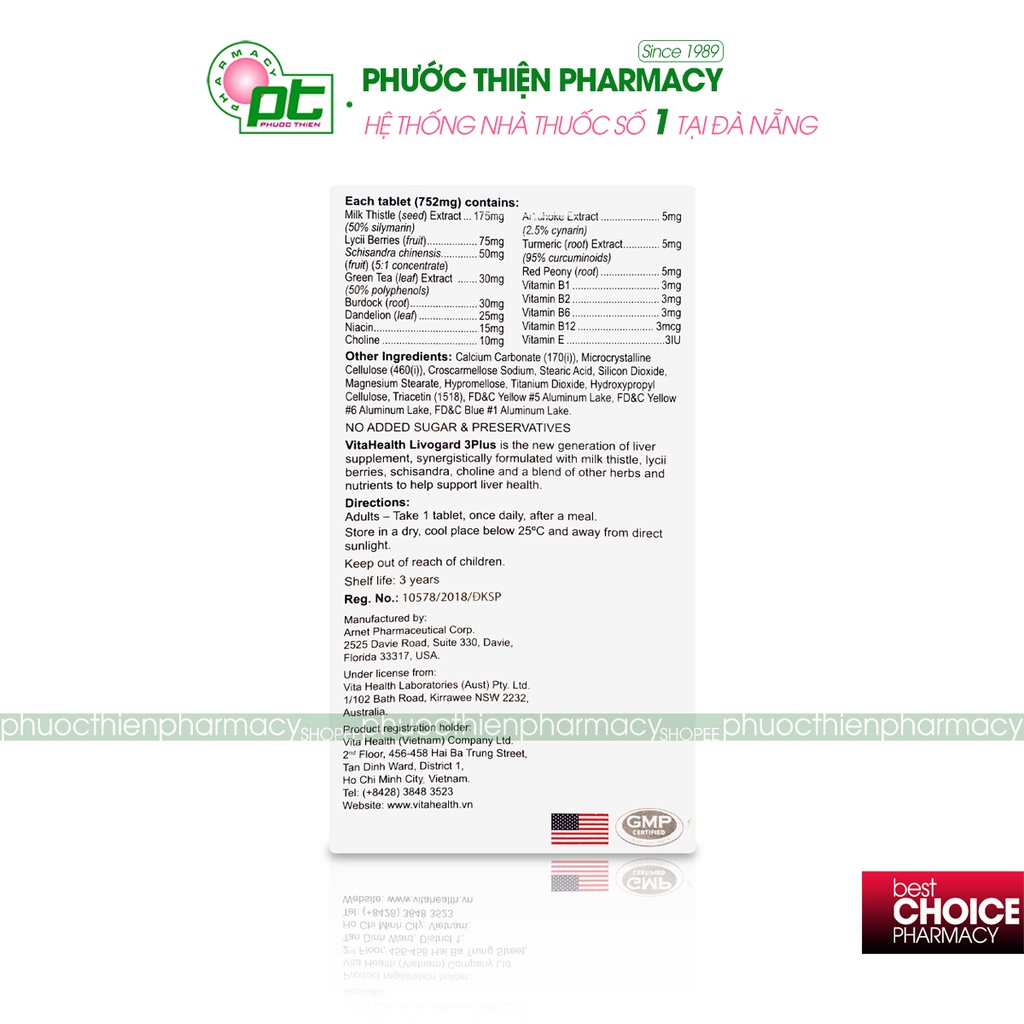 Viên uống bổ gan, thải độc gan, hỗ trợ viêm gan Mỹ VitaHealth Livogard 3Plus 60 Viên - thanh nhiệt mát gan bogan