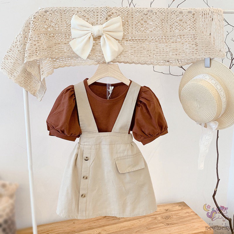 Set áo tay phồng kèm váy yếm phong cách Hàn Quốc thời trang mùa hè cho bé gái